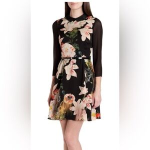 Ted Baker Black Floral Long Sleeve shirt Dress Size 2